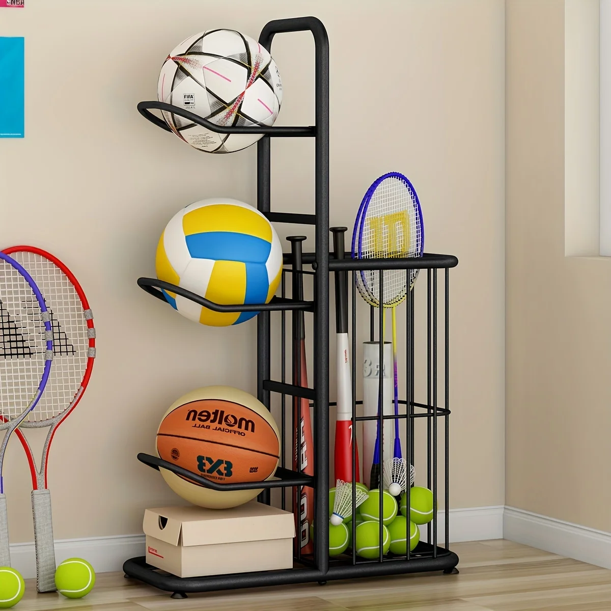 

Sports Equipment Storage Rack Ball Household Children's Toy Multilayer Floor Basket Table Tennis Badminton Racket Iron Boxing