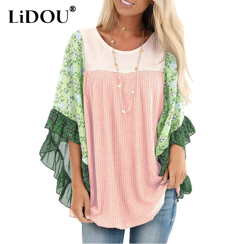 

2023 Summer New Y2K Round Neck Batwing Sleeve T-Shirts Women Floral Printing Patchwork Waffler Tees Fashion Loose Casual Tops