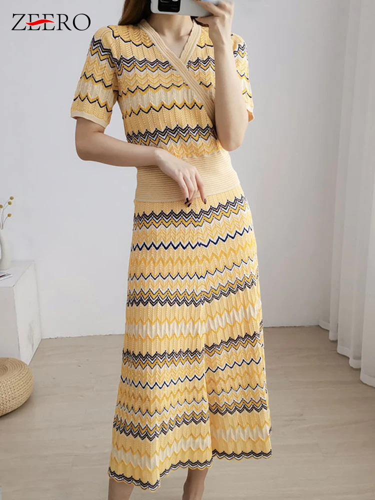 Korean Summer 2 Piece Set Women Yellow Striped Short Sleeve V Neck Knitted Pullover Top + Asymmetric Long Skirt Set Sweater Suit
Korean Summer 2 Piece Set Women Yellow Striped Short Sleeve V Neck Knitted Pullover Top + Asymmetric Long Skirt Set Sweater Suit