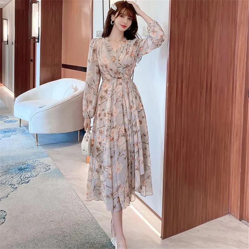 Dress Women's Spring Summer New Chiffon Printing V-neck Long-sleeved Waist A-line Skirt Temperament Commuter Female Clothing 294
Dress Women's Spring Summer New Chiffon Printing V-neck Long-sleeved Waist A-line Skirt Temperament Commuter Female Clothing 294
