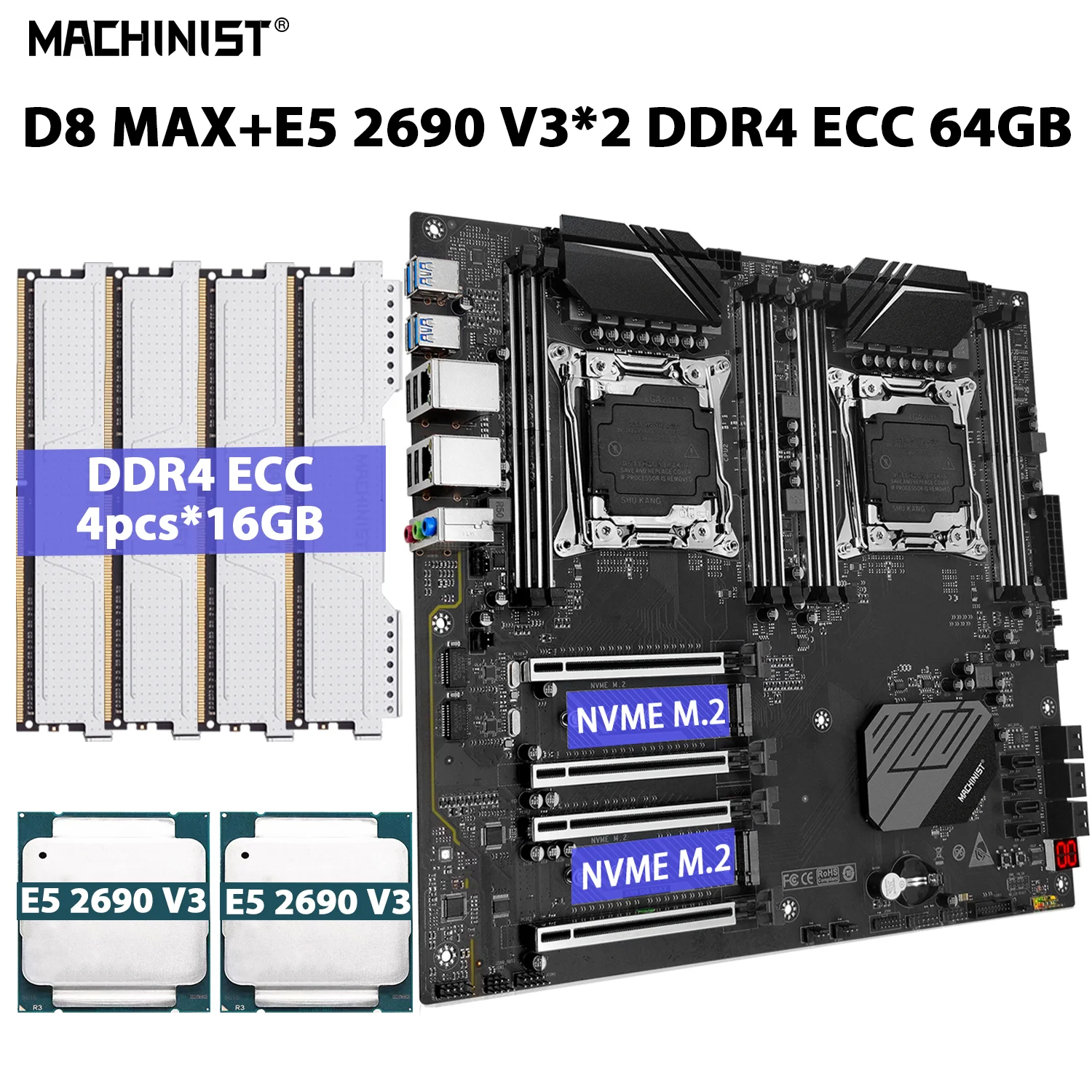 

MACHINIST X99 D8 MAX комплект материнской платы LGA 2011-3 комплект Xeon E5 2690 V3 процессор * 2 64 ГБ = 4 шт. * 16 Гб ECC DDR4 Память ОЗУ NVME M.2