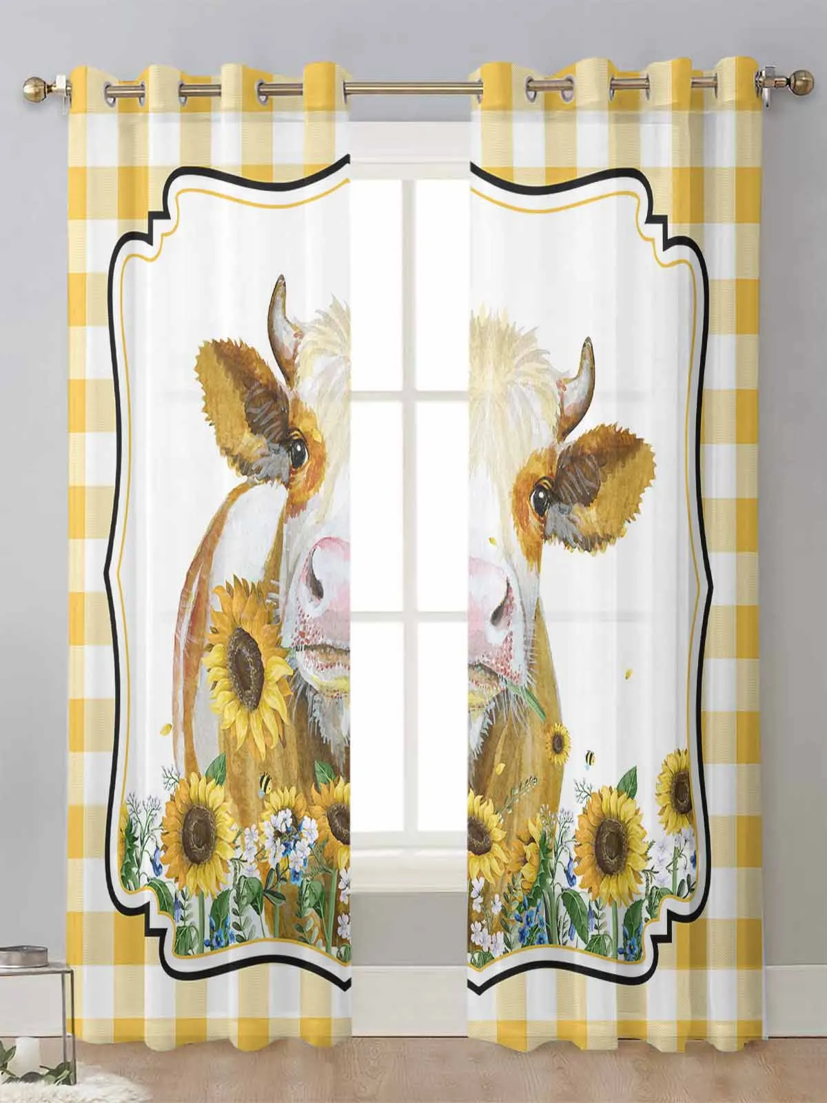 

American Country Style Farm Cow Sunflower Yellow Plaid Sheer Curtains Living Room Window Voile Tulle Curtain Drapes Home Decor