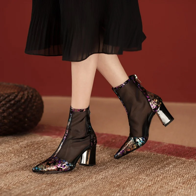 

Туфли-лодочки женские с вышивкой, роскошные кожаные сетчатые, высокий каблук, заостренный носок, модная обувь, черные, весна-лето