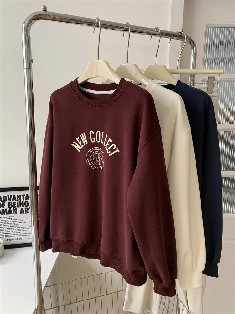 

Graphic Burgundy Sweatshirt Round Neck Women's Loose Relaxed Fall Winter Letter Printing Pullover Top