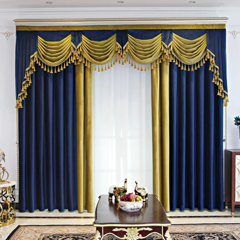 

Luxury High-end Atmosphere Cortinas European Curtains for Living Room Bedroom Blue Color Stitching Flannelette Drape Home Custom