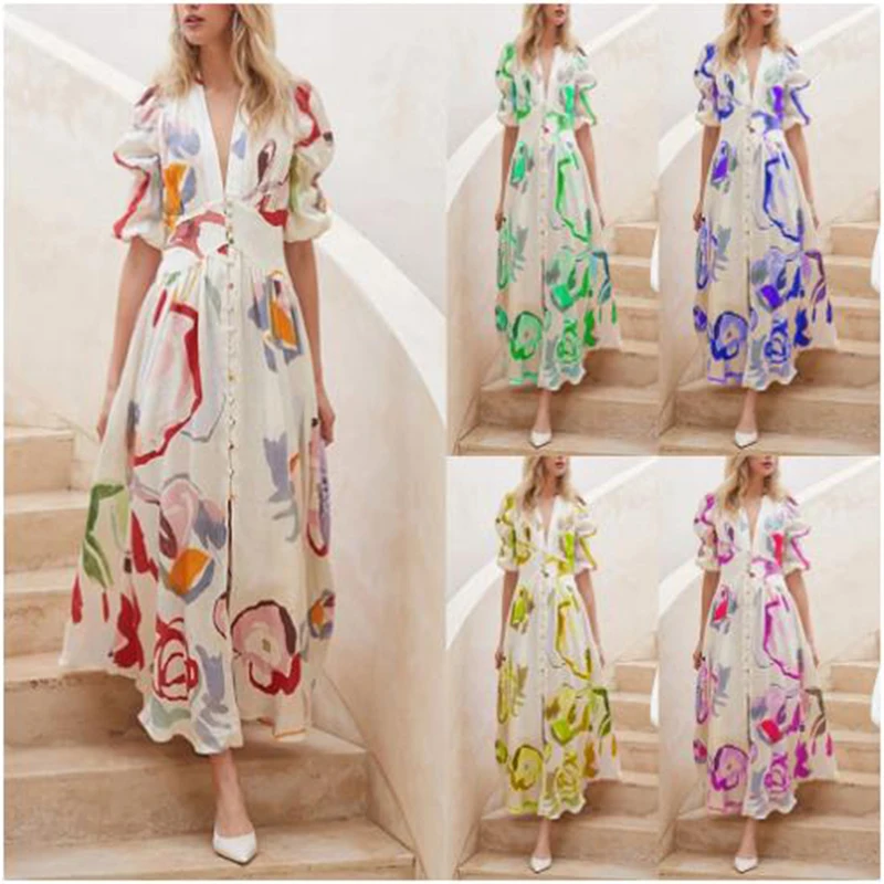 2023 New Women's Spring Slim-fit Big Swing Four-sided Elastic Print Skirt V Neck Half Sleeves Clothes Ladies Wear Beach Dress
2023 New Women's Spring Slim-fit Big Swing Four-sided Elastic Print Skirt V Neck Half Sleeves Clothes Ladies Wear Beach Dress