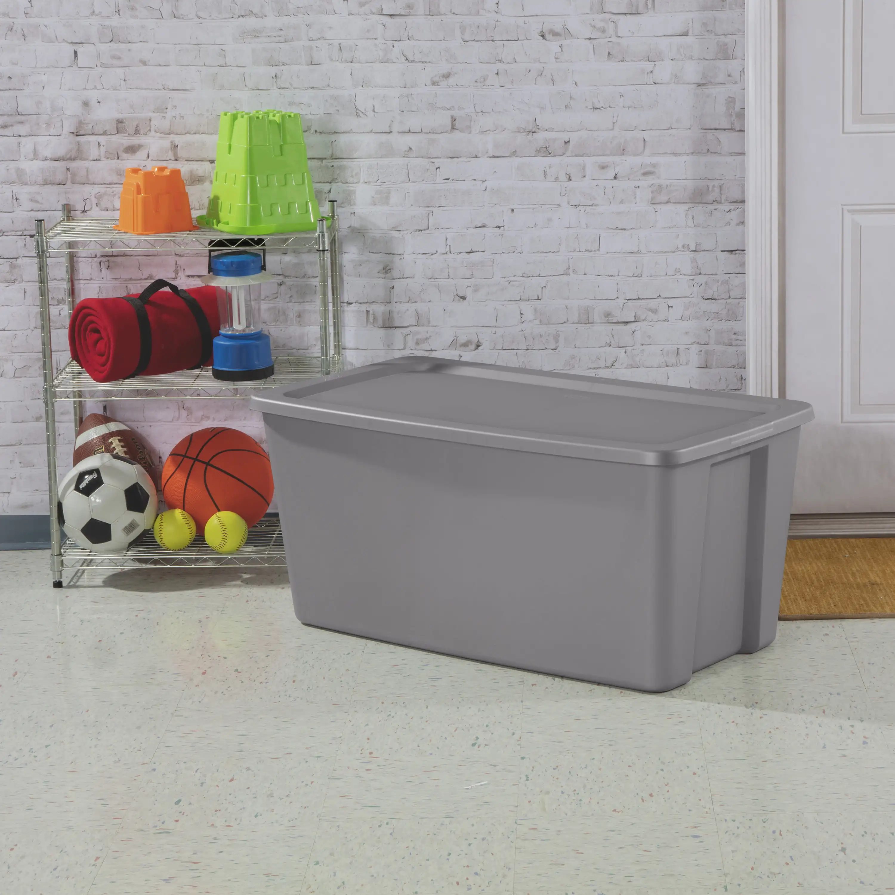 Sterilite 50 Gallon Tote Box Plastic,Titanium, with Opaque Base and Lid , Ideal for A Variety of Household Storage Needs 
Sterilite 50 Gallon Tote Box Plastic,Titanium, with Opaque Base and Lid , Ideal for A Variety of Household Storage Needs