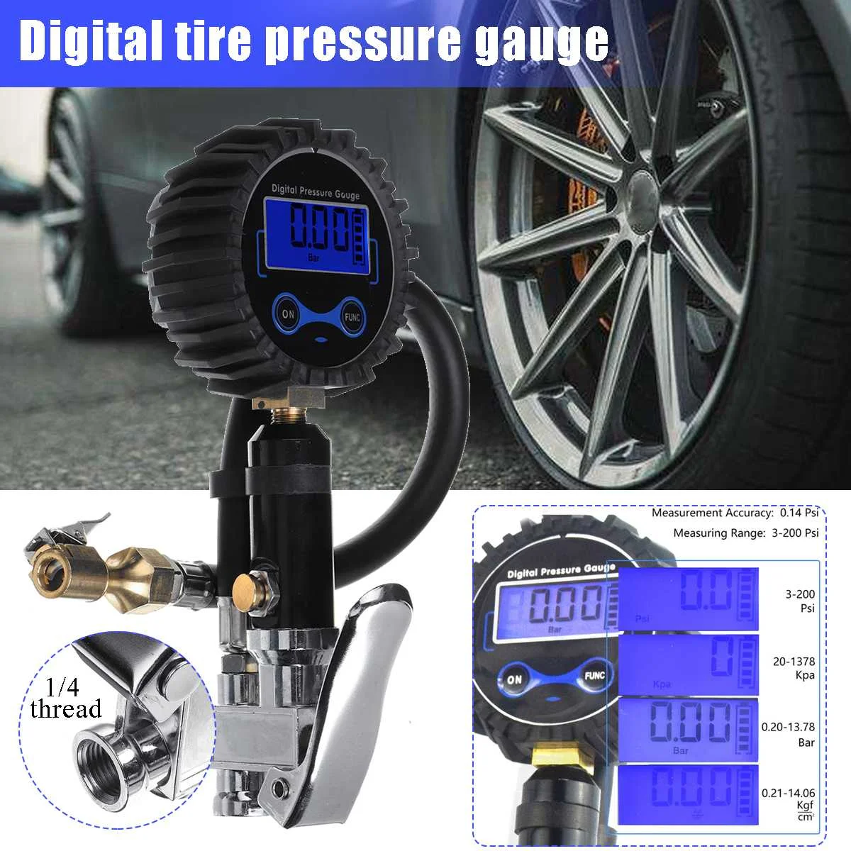 0-200psi Car Tyre LCD Digital Display Inflation Meter Inflator Compressor Pressure Hose Gauge
0-200psi Car Tyre LCD Digital Display Inflation Meter Inflator Compressor Pressure Hose Gauge