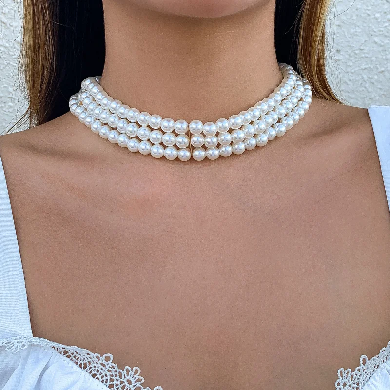 

Simple Faux Pearl Stacked Collarbone Necklace for Women Multi-layered Braided Beaded Necklaces Bijoux Femme Jewellery Party Gift
