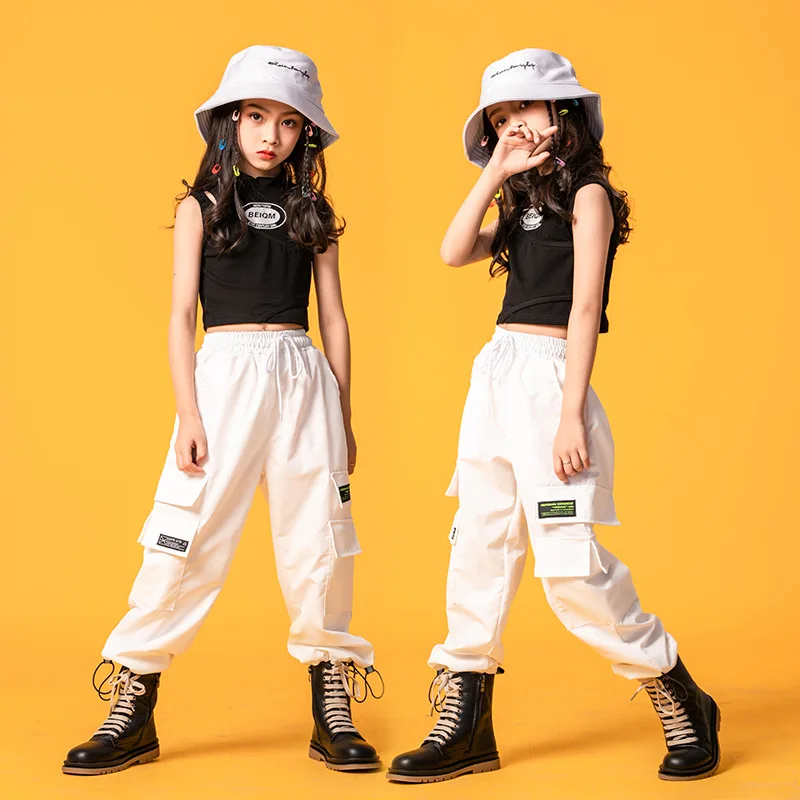

Summer Kpop Kids Hip Hop Clothing Casual Crop Vest White Overalls Girls Fashion Jazz Dance Costume Performance Costume 6-16Y