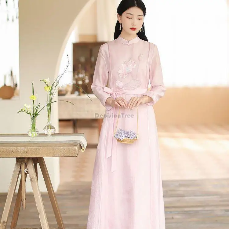 

2023 summer chinese style women fairy embriodery flower elegant cheongsam dress long retro tang suit zan tea daily loose dress