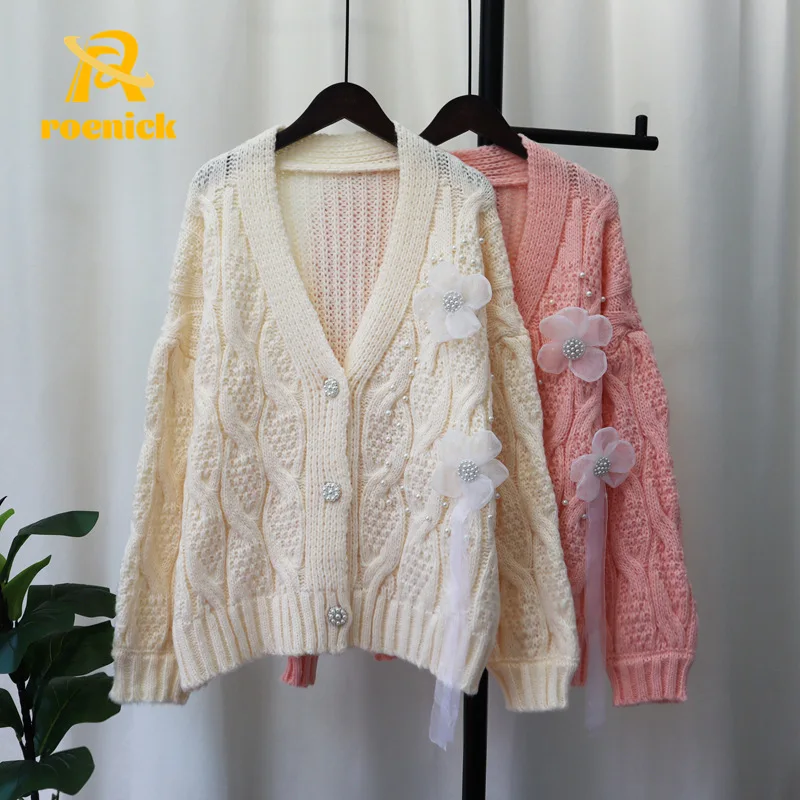 ROENICK Women's V-neck Flower Sweaters Cardigans Female Sweet Beaded Knitwear Designer Open-stitch Knitted Tops Jumpers Coats
ROENICK Women's V-neck Flower Sweaters Cardigans Female Sweet Beaded Knitwear Designer Open-stitch Knitted Tops Jumpers Coats