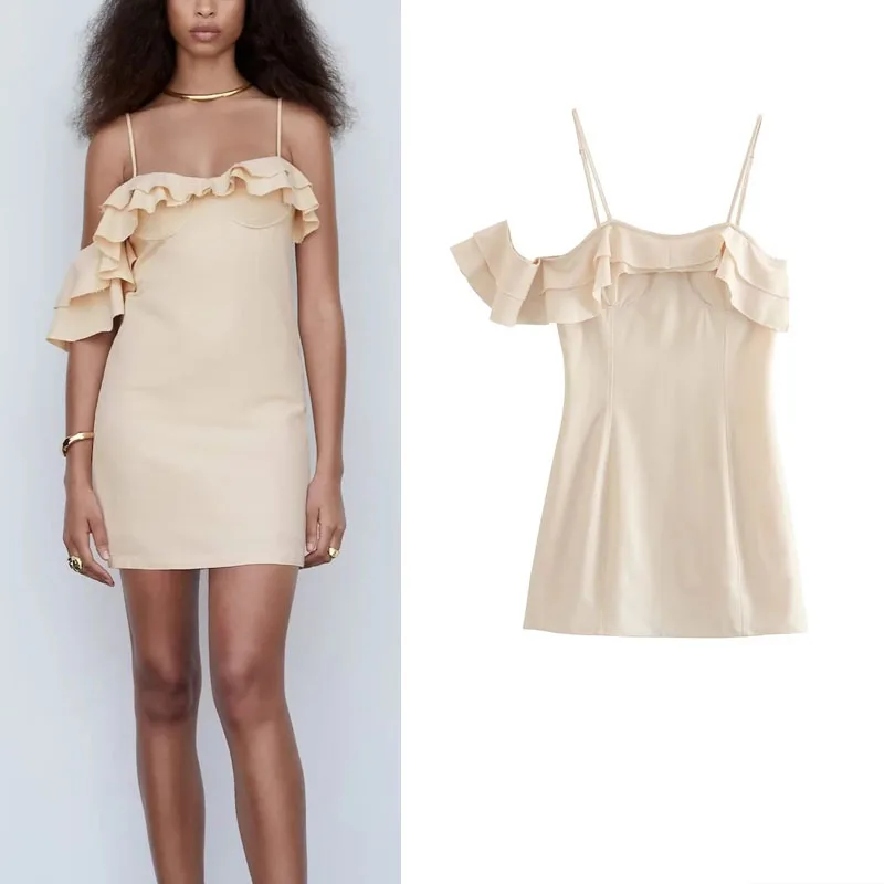 

TRAF Summer Ruffles Straps Mini Dress For Women 2023 Chic Asymmetric Sleeve Short Dresses Woman Solid Back Openwork Vestidos
