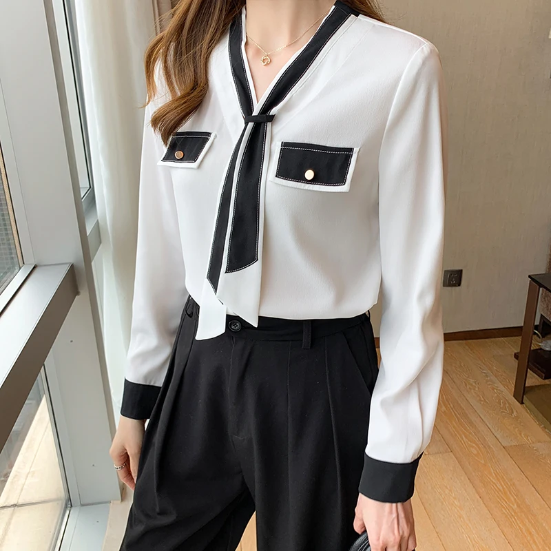 Chiffon Women's Blouse Loose V-neck Girl's Shirt Summer Fashion Casual Splicing Long Sleeve Top Korean Style Female Clothing
Chiffon Women's Blouse Loose V-neck Girl's Shirt Summer Fashion Casual Splicing Long Sleeve Top Korean Style Female Clothing