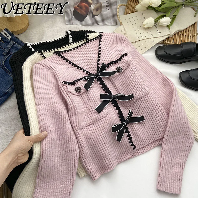 Sweet Color Matching Bow Lace-up Long Sleeve Knitted Cardigan Women's Autumn and Winter Korean Style Outerwear Top Short Sweater
Sweet Color Matching Bow Lace-up Long Sleeve Knitted Cardigan Women's Autumn and Winter Korean Style Outerwear Top Short Sweater