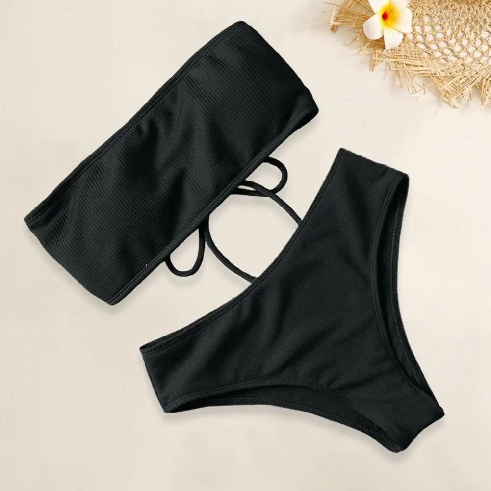 

1 Set Women Beach Suit With Chest Pad No Underwire Elastic High Waist Two-piece Set Bandeau Swimming Trunks Split Bikini Set