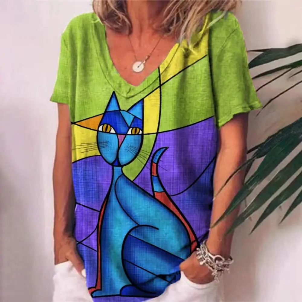 Art Colorful Splicing Pattern T-shirt Printed Animal T-shirt Women's Hundred Short-sleeved Summer Large Size V-neck's 
Art Colorful Splicing Pattern T-shirt Printed Animal T-shirt Women's Hundred Short-sleeved Summer Large Size V-neck's