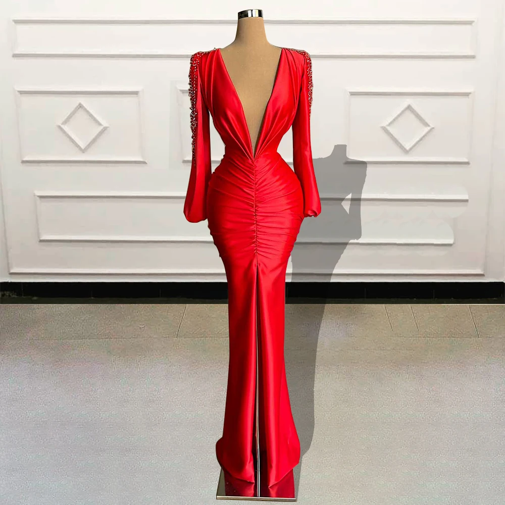 New Arrival Red Long Prom Dresses V-neck Beaded Full Sleeves Sexy High Slit Black Girls Mermaid Evening Gowns for Party 2022
New Arrival Red Long Prom Dresses V-neck Beaded Full Sleeves Sexy High Slit Black Girls Mermaid Evening Gowns for Party 2022