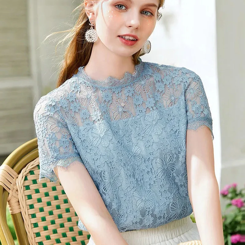 Женская кружевная блузка, голубая ажурная футболка с коротким рукавом в Корейском стиле, лето 2019
Женская кружевная блузка, голубая ажурная футболка с коротким рукавом в Корейском стиле, лето 2019