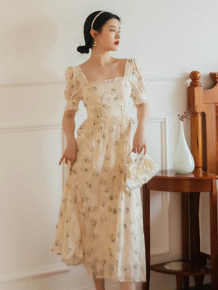 Женское платье с квадратным вырезом, винтажное милое платье принцессы во французском стиле, с цветочным принтом и кружевом, лето 2022 
Женское платье с квадратным вырезом, винтажное милое платье принцессы во французском стиле, с цветочным принтом и кружевом, лето 2022