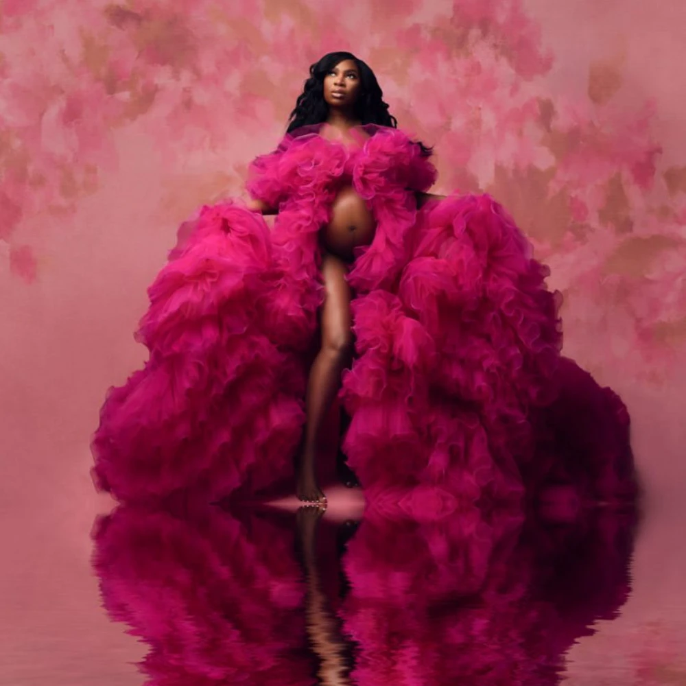 Luxury Fuchsia A Line Maternity Dresses Photography V Neck Puffy Ruffles Women Front Split Pregnant Gowns for Photo Shoot 
Luxury Fuchsia A Line Maternity Dresses Photography V Neck Puffy Ruffles Women Front Split Pregnant Gowns for Photo Shoot