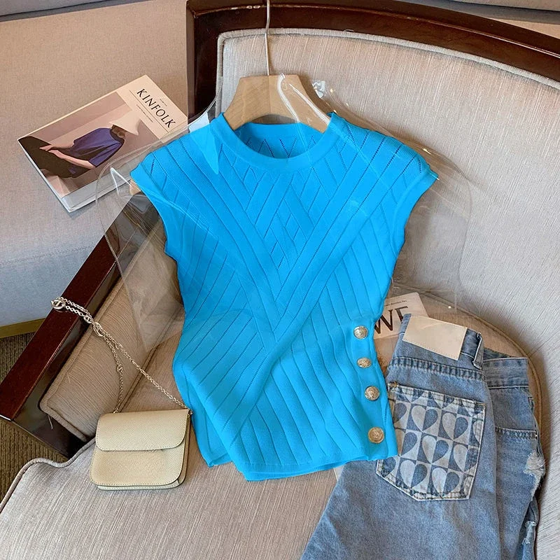 Элегантная женская футболка без рукавов во французском стиле новинка 2024 вязаный