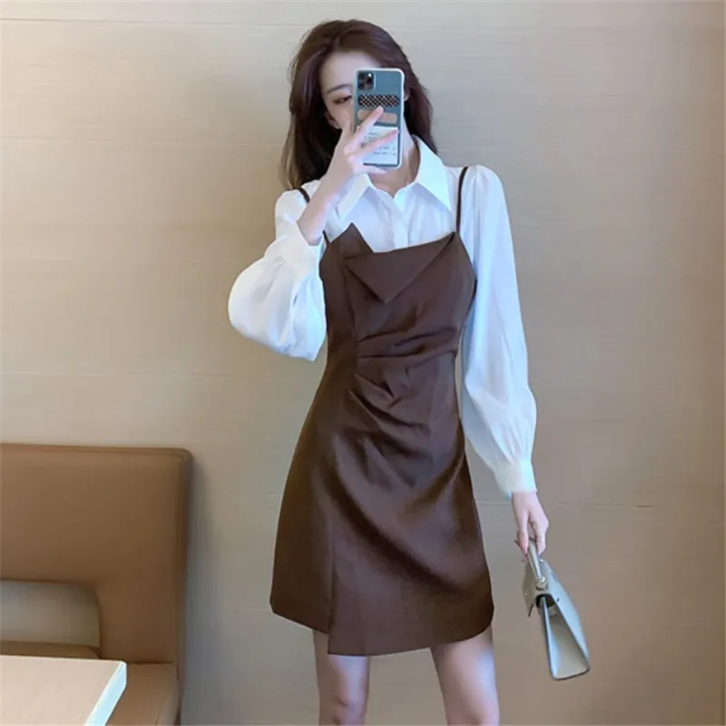 Korea Fashion Women 2 Piece Dress Sets Long Sleeve White Shirt Top+Slim Waist Mini Suspender Strap Skirt Overalls Two Piece Suit
Korea Fashion Women 2 Piece Dress Sets Long Sleeve White Shirt Top+Slim Waist Mini Suspender Strap Skirt Overalls Two Piece Suit