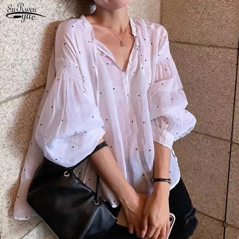 

Fashion Polka Dot Doll Shirt Long Sleeve Tops Blouse 2022 Summer Thin Gentle and Cute Shirt Lady Woman Blusas Verano Mujer 15561