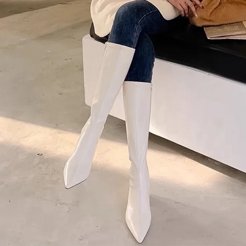 

Sexy Pointed Toe Long Boots Women Mid Heels Shoes Winter 2024 Chunky Knee High Chelsea Boots New Brand Pumps Punk Femme Booties