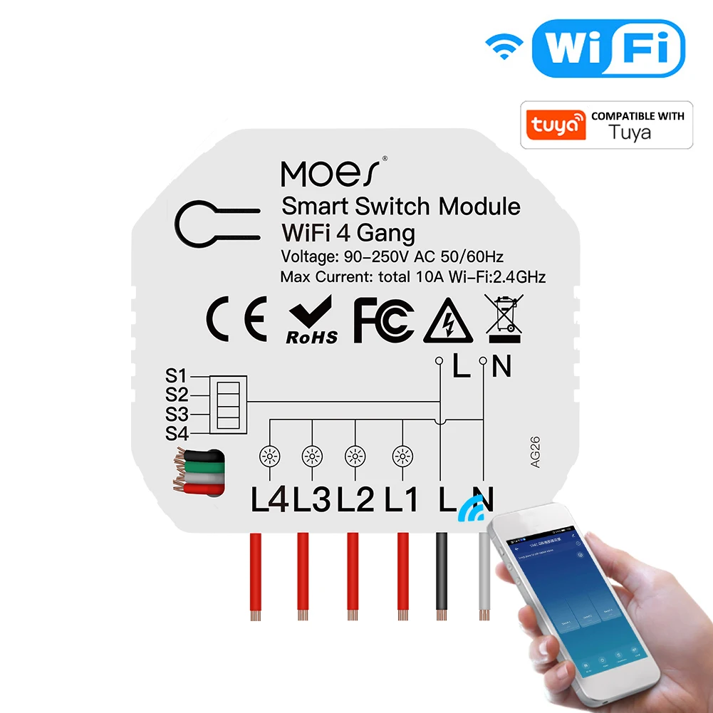 Tuya WiFi 4 Gang Smart Switch Module Lighting Switch Voice APP Remote Control Share Function Independent Control(AC 90-250V)
Tuya WiFi 4 Gang Smart Switch Module Lighting Switch Voice APP Remote Control Share Function Independent Control(AC 90-250V)