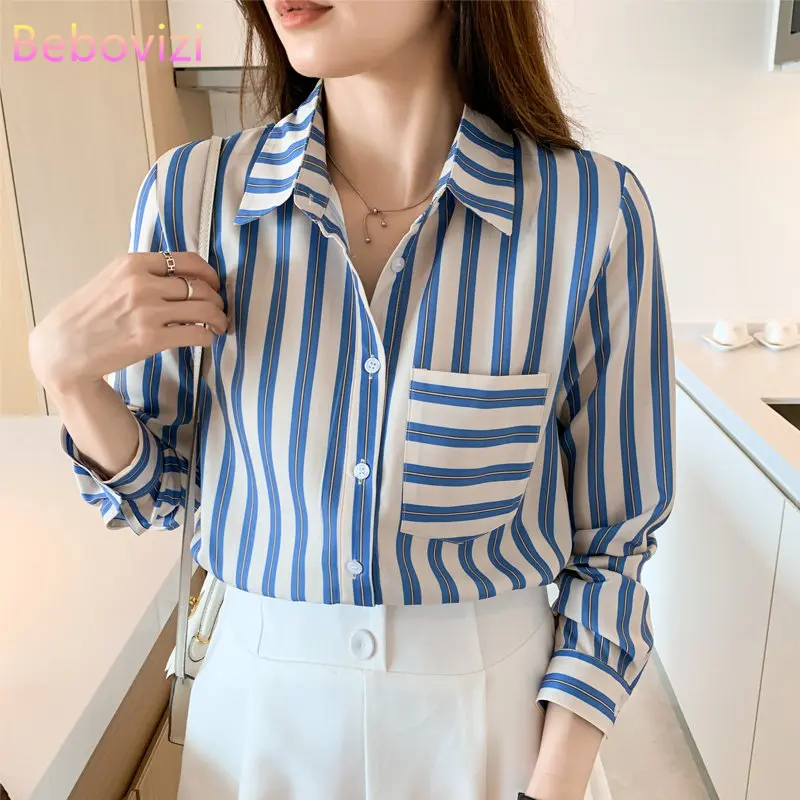 Stripe Korea Fashion College Loose Turn-down Collar Shirt Women's Long Sleeve Casual Ladies Office Blouse Tops 
Stripe Korea Fashion College Loose Turn-down Collar Shirt Women's Long Sleeve Casual Ladies Office Blouse Tops