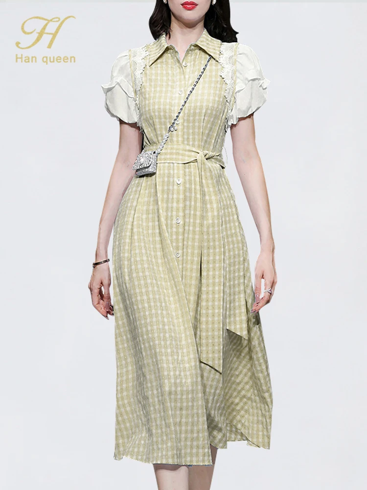 H Han Queen New Summer Dresses Korean Retro Single Breasted Shirt Vestidos Fashion Simple Series Slim Party Casual Plaid Dress
H Han Queen New Summer Dresses Korean Retro Single Breasted Shirt Vestidos Fashion Simple Series Slim Party Casual Plaid Dress