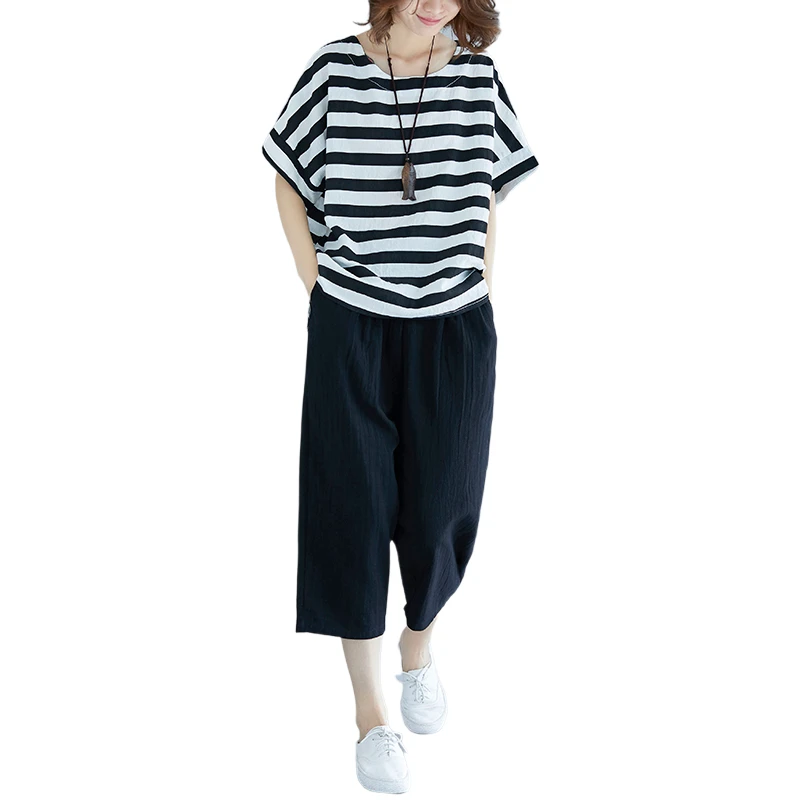 Overiszed Loose Two Pieces Women Pant Sets 2022 Summer New Striped O-Neck Loose T-Shirts And Black Pants Top Quality
Overiszed Loose Two Pieces Women Pant Sets 2022 Summer New Striped O-Neck Loose T-Shirts And Black Pants Top Quality