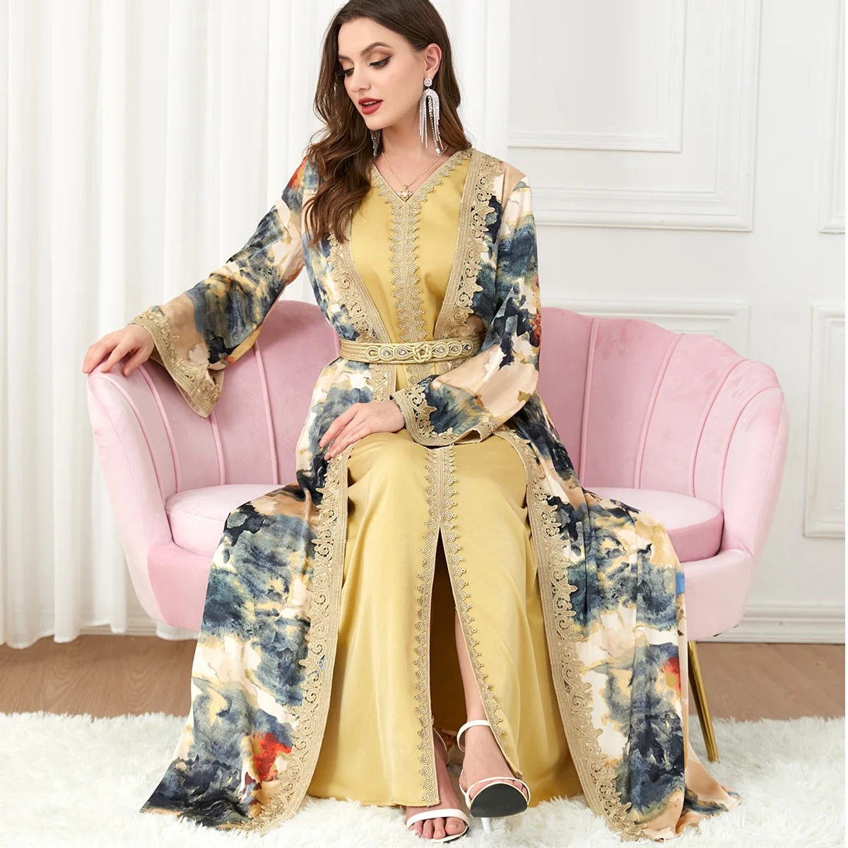 Elegant Floral Printed Guipure Lace Panel Belted Dress Luxury Two-piece Long Dresses Abayas For Women Muslim Sets Ramadan
Elegant Floral Printed Guipure Lace Panel Belted Dress Luxury Two-piece Long Dresses Abayas For Women Muslim Sets Ramadan