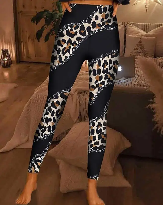 

Eopard Print High Waist Fleece Leggings Lined Polyester Daily Casual Basics Skinny Trousers for Women