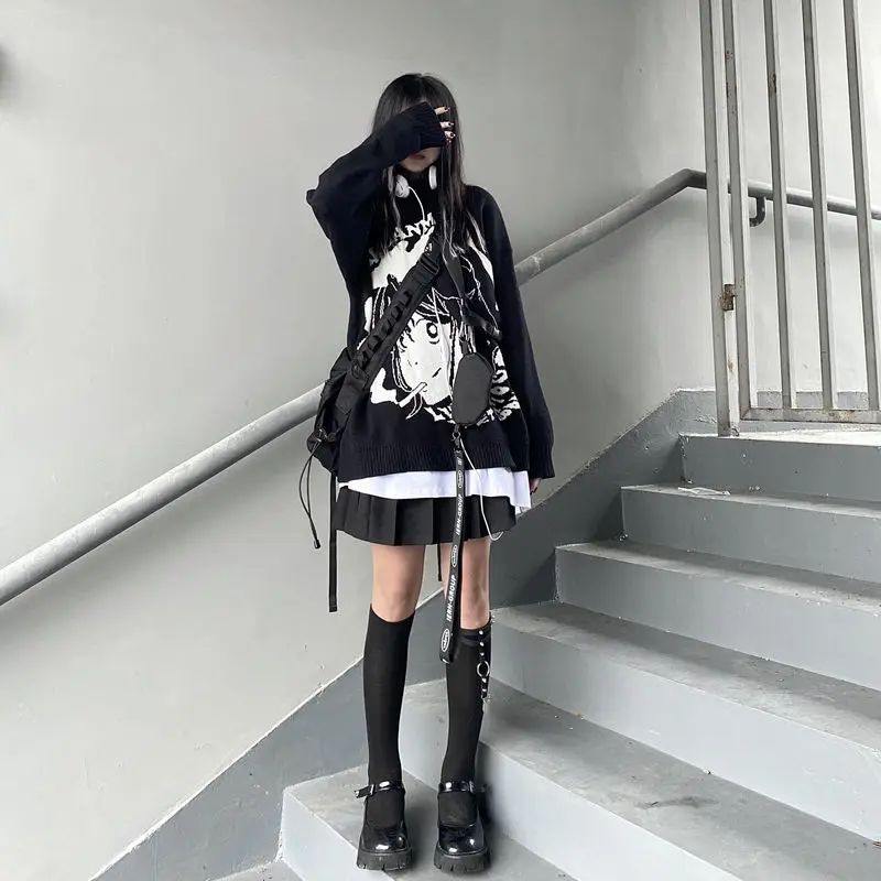Gothic Anime Sweater Women Harajuku Goth Oversize Long Sleeve Pullover Black Knit Jumper Female Korean Fashion Winter
Gothic Anime Sweater Women Harajuku Goth Oversize Long Sleeve Pullover Black Knit Jumper Female Korean Fashion Winter