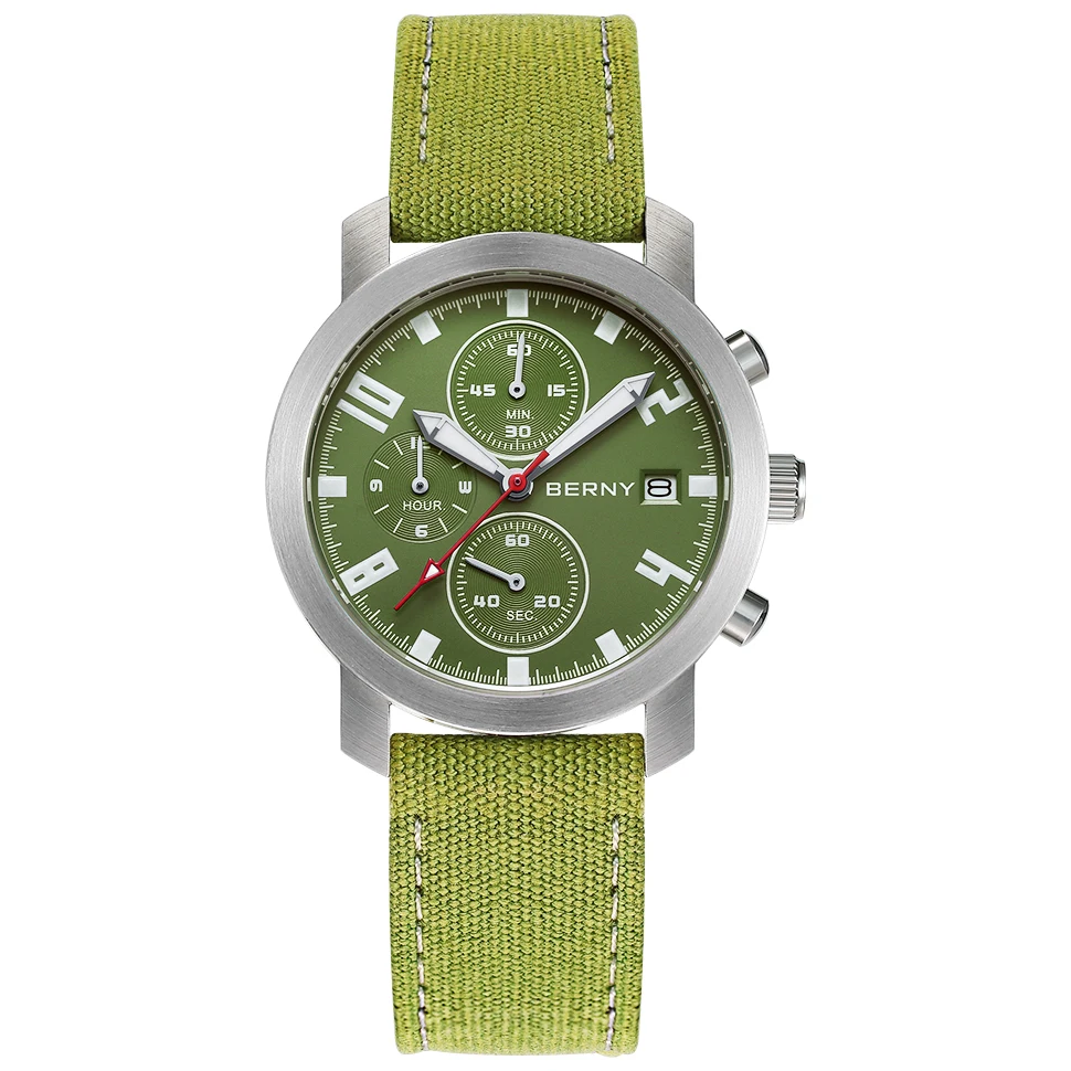 

BERNY Watch for Men Pilot Chronograph Multifunction Sports Quartz Wristwatch Sapphire Luminous 5ATM Date Clock Canvas Bracelet
