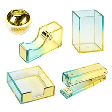 Gold Acrylic Desk Organizers And Accessories Stationery Set With Desk Stapler Pen Holder Tape Dispenser Memo Case Paper Clips
