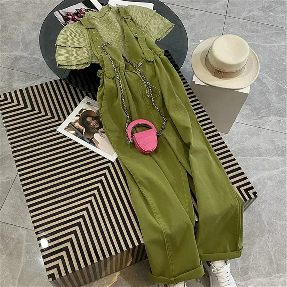Summer Green 2pcs Set Ruffled Knit Short Sleeve Sweatshirt +Denim Suspender Wide Leg Pants Women Korean Kawaii Suit Streewear 
Summer Green 2pcs Set Ruffled Knit Short Sleeve Sweatshirt +Denim Suspender Wide Leg Pants Women Korean Kawaii Suit Streewear