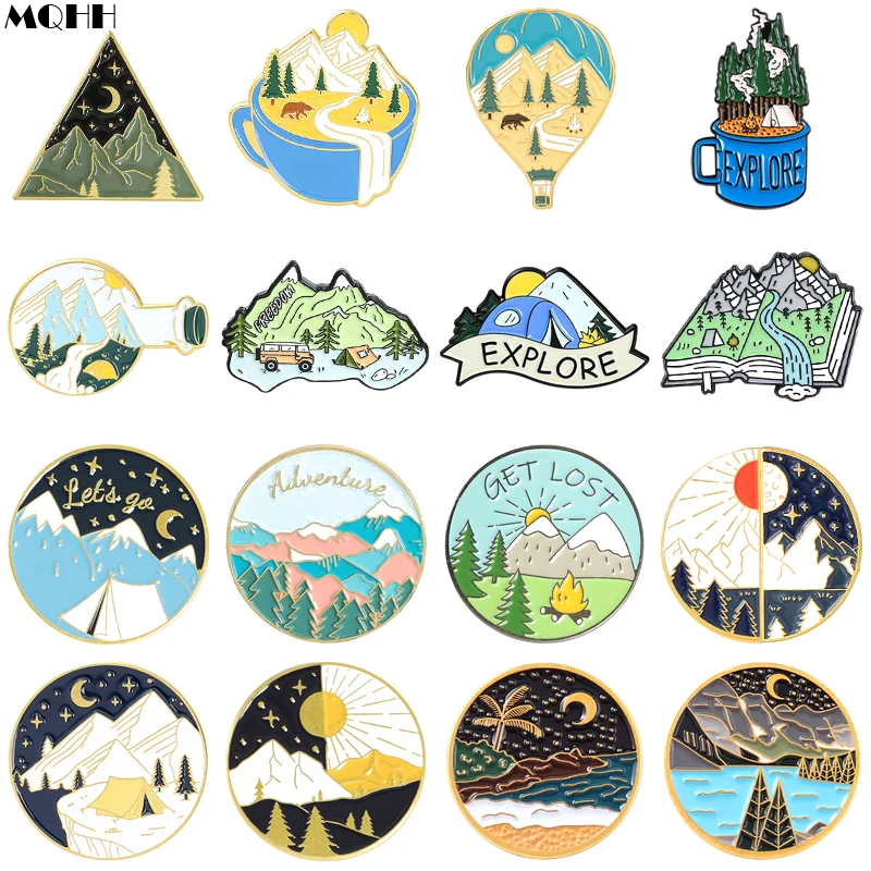 

Creative Outdoor Landscape Enamel Pins Mountain Peak River Sun Moon Sea Camping Campfire Sunrise Alloy Brooch Badge Jewelry Gift