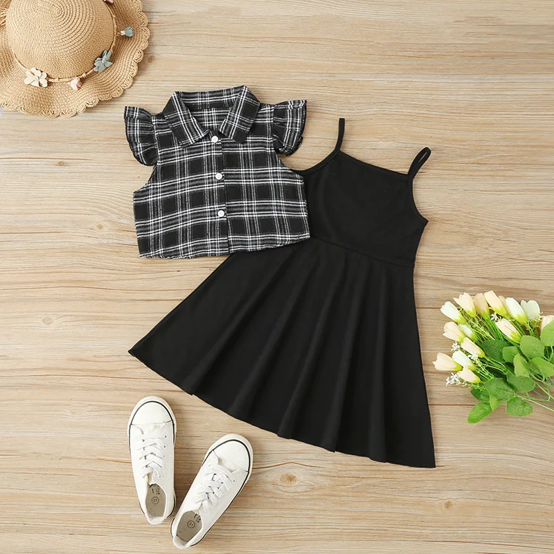 Summer Kids Baby Princess Summer Fly Sleeve Plaid Top Shirts Solid Off Shoulder Knee-length Dress Children Clothing Set 2pcs
Summer Kids Baby Princess Summer Fly Sleeve Plaid Top Shirts Solid Off Shoulder Knee-length Dress Children Clothing Set 2pcs