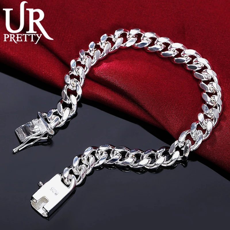 

URPRETTY 925 Sterling Silver 10mm Sideways Square Buckle Chain Bracelet For Man Women Wedding Engagement Party Jewelry Gift