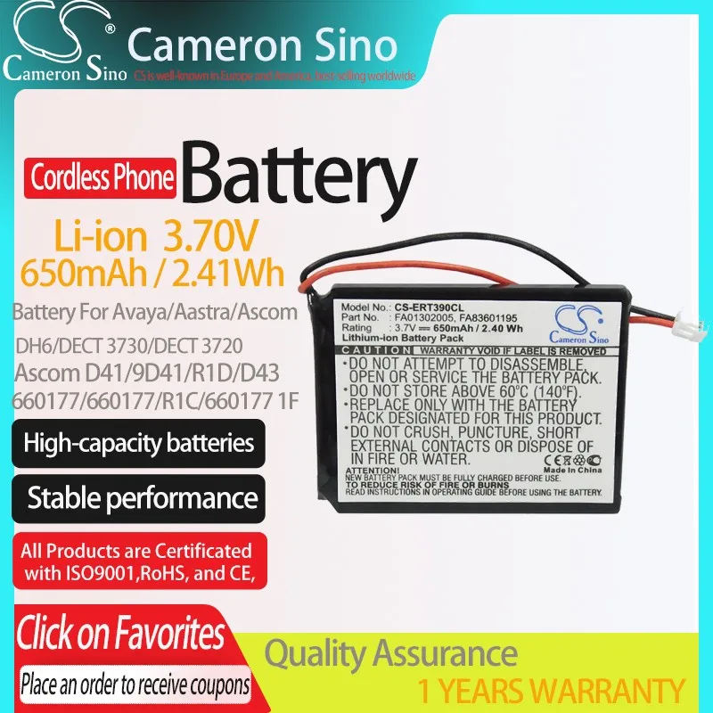 CS Battery for Avaya DH6 DECT 3730 3720 Aastra 660177 Ascom D41 9D41 fits FA83601195 660177 1F DT390 Battery 650mAh/2.41Wh
CS Battery for Avaya DH6 DECT 3730 3720 Aastra 660177 Ascom D41 9D41 fits FA83601195 660177 1F DT390 Battery 650mAh/2.41Wh