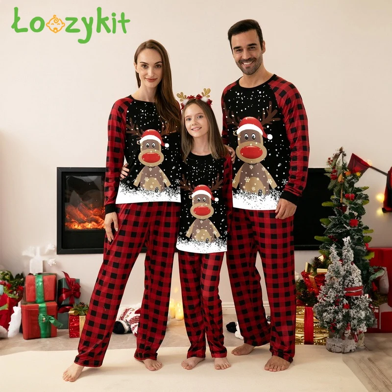 

Christmas Elk Print Pajama Set，Parent-child Outfit Long Sleeve Crew Neck Top&Plaid Stripes Pants，Cotton Sleepwear & Loungewear
