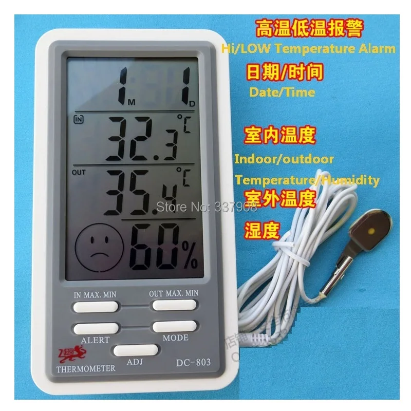 

New Version Big Screen Temperature/Humidity Meter Display with Hi/LOW Alarm Clock DC803 Thermometer