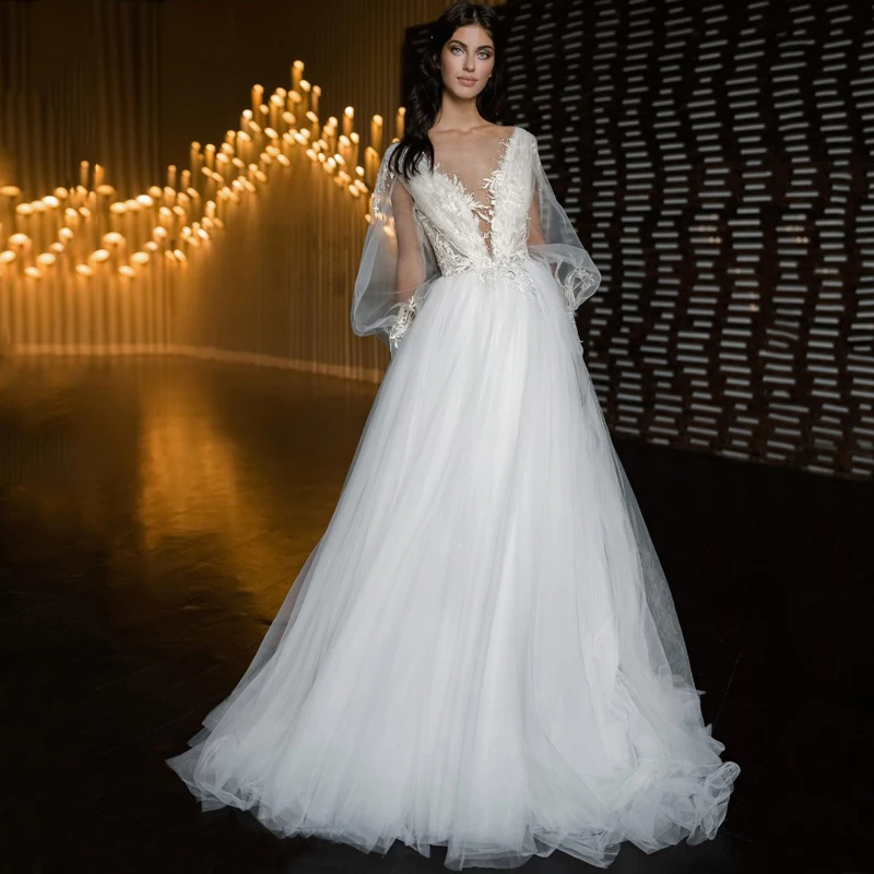 V-Neck Appliques Lace Pearls Long Sleeves A-Line Tulle Boho Wedding Dress Bridal Gowns Vestido De Noiva
V-Neck Appliques Lace Pearls Long Sleeves A-Line Tulle Boho Wedding Dress Bridal Gowns Vestido De Noiva