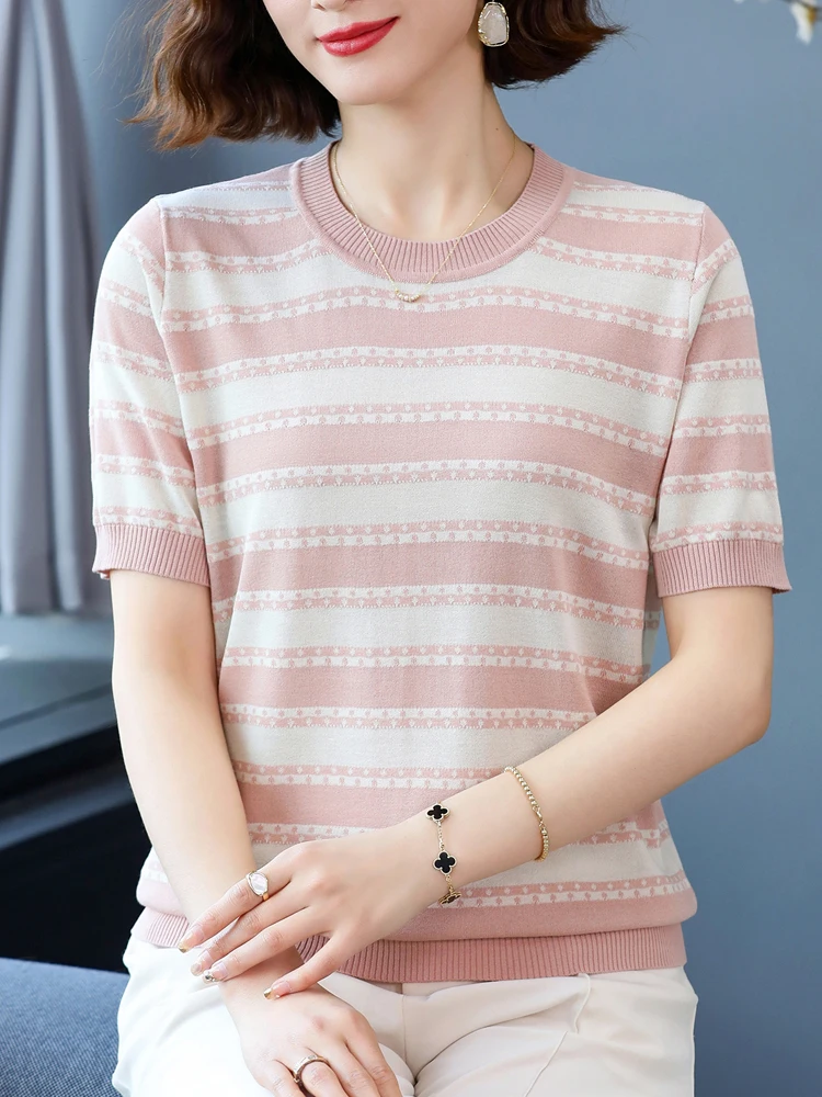 Stripe Women Sweater Pullovers Summer Clothes For Women Tees Top Casual Knitted T Shirt Short Sleeve Women's T-shirt
Stripe Women Sweater Pullovers Summer Clothes For Women Tees Top Casual Knitted T Shirt Short Sleeve Women's T-shirt