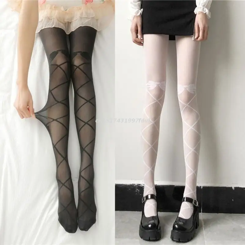 

Women Lolita Summer Thin Sheer Pantyhose Lolita Kawaii Half Criss Cross Bowknot Detail Print Cosplay Tights Stockings