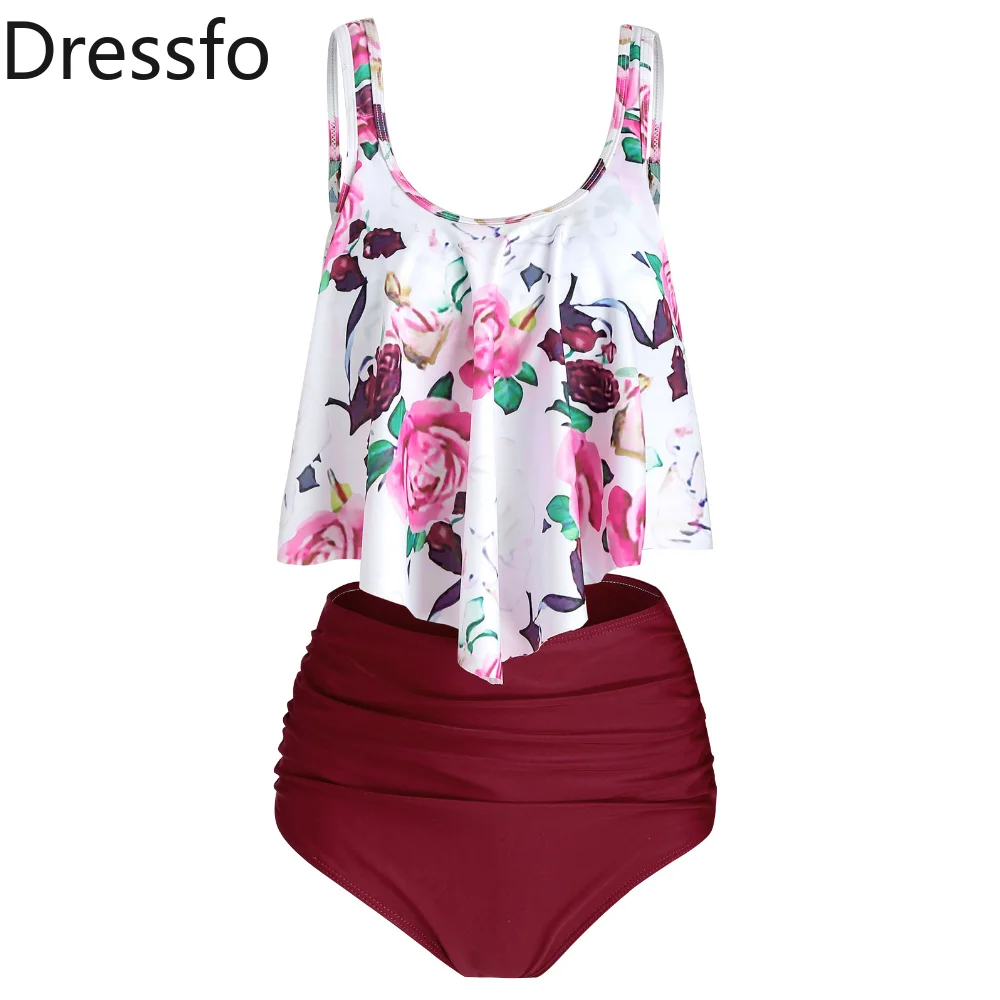 

Dressfo Floral Print Tankini Swimwear Flounce High Waisted Ruched Tummy Control Swimsuit Summer Beach Bathing Suit Bikini Women