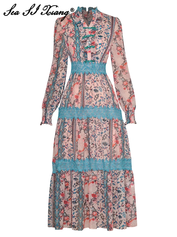 Seasixiang Fashion Designer Spring Dress Women V-Neck Long Sleeves Crystals Button Lace Patchwork Flowers Print Vintage Dresses
Seasixiang Fashion Designer Spring Dress Women V-Neck Long Sleeves Crystals Button Lace Patchwork Flowers Print Vintage Dresses
